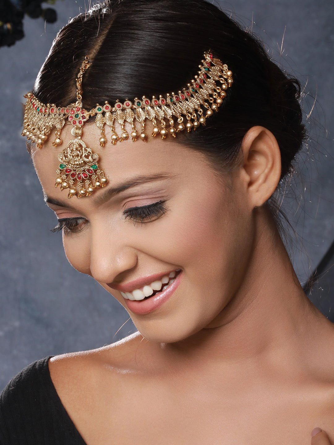 Gold Plated Red Green Kempo Studded Lakshmiji Temple Bridal Damini Matha PattiMatha Patti Unknown